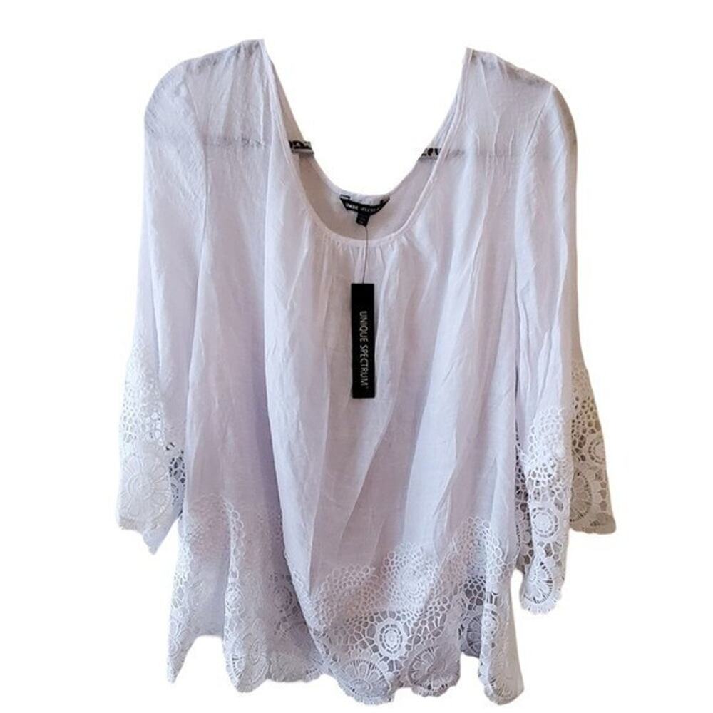 Unique Spectrum White Crochet Lace Gauze Blouse 2X Boho Bell Sleeve Peasant Top